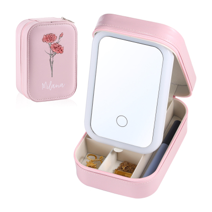 Personalised Birth Flower Portable Leather Jewelry Box with Name and L