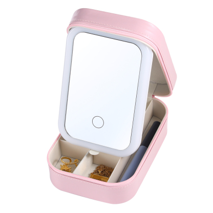 Personalised Birth Flower Portable Leather Jewelry Box with Name and LED Three Colour Adjustable Makeup Mirror Travel Essential