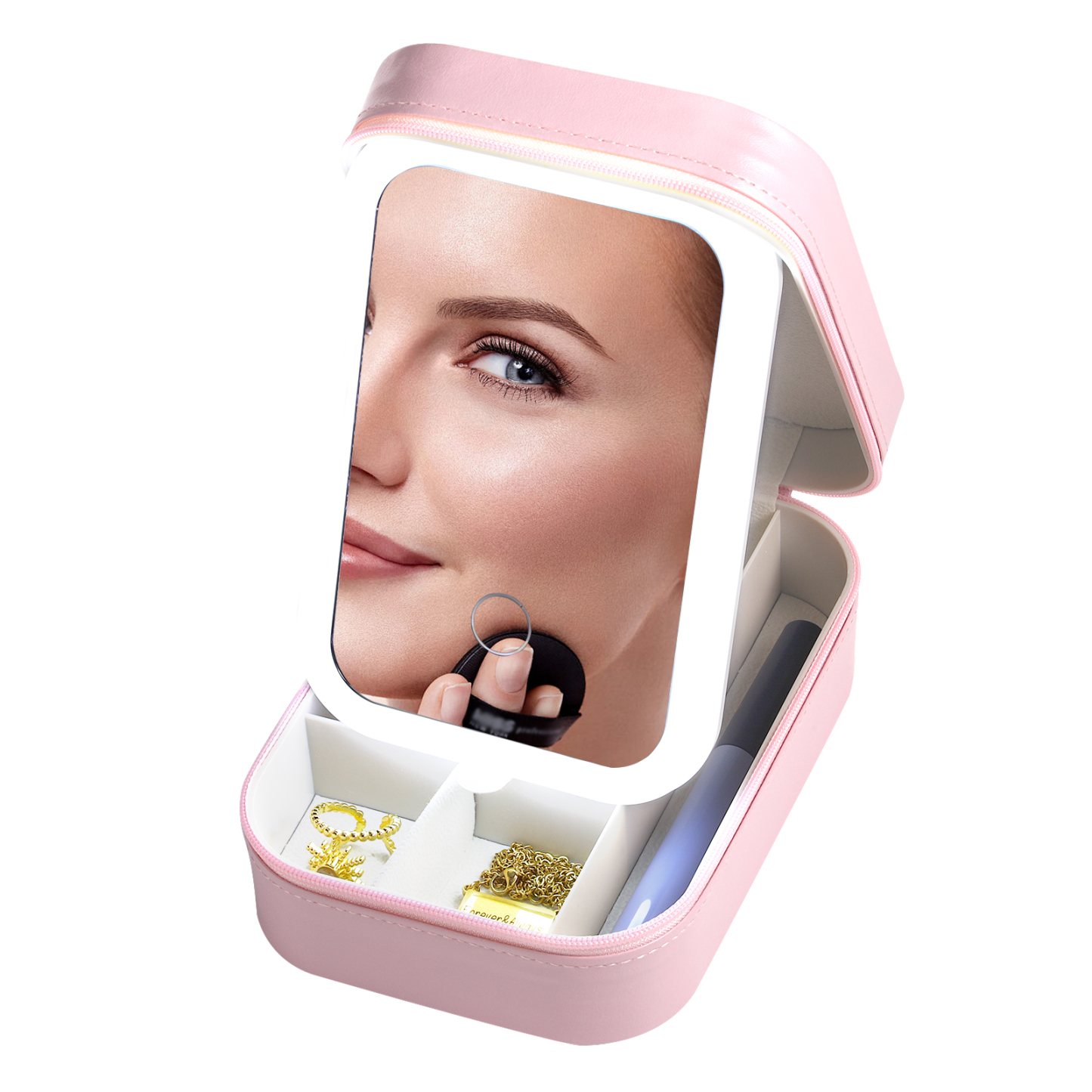 Personalised Birth Flower Portable Leather Jewelry Box with Name and LED Three Colour Adjustable Makeup Mirror Travel Essential