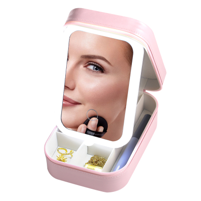 Personalised Birth Flower Portable Leather Jewelry Box with Name and LED Three Colour Adjustable Makeup Mirror Travel Essential