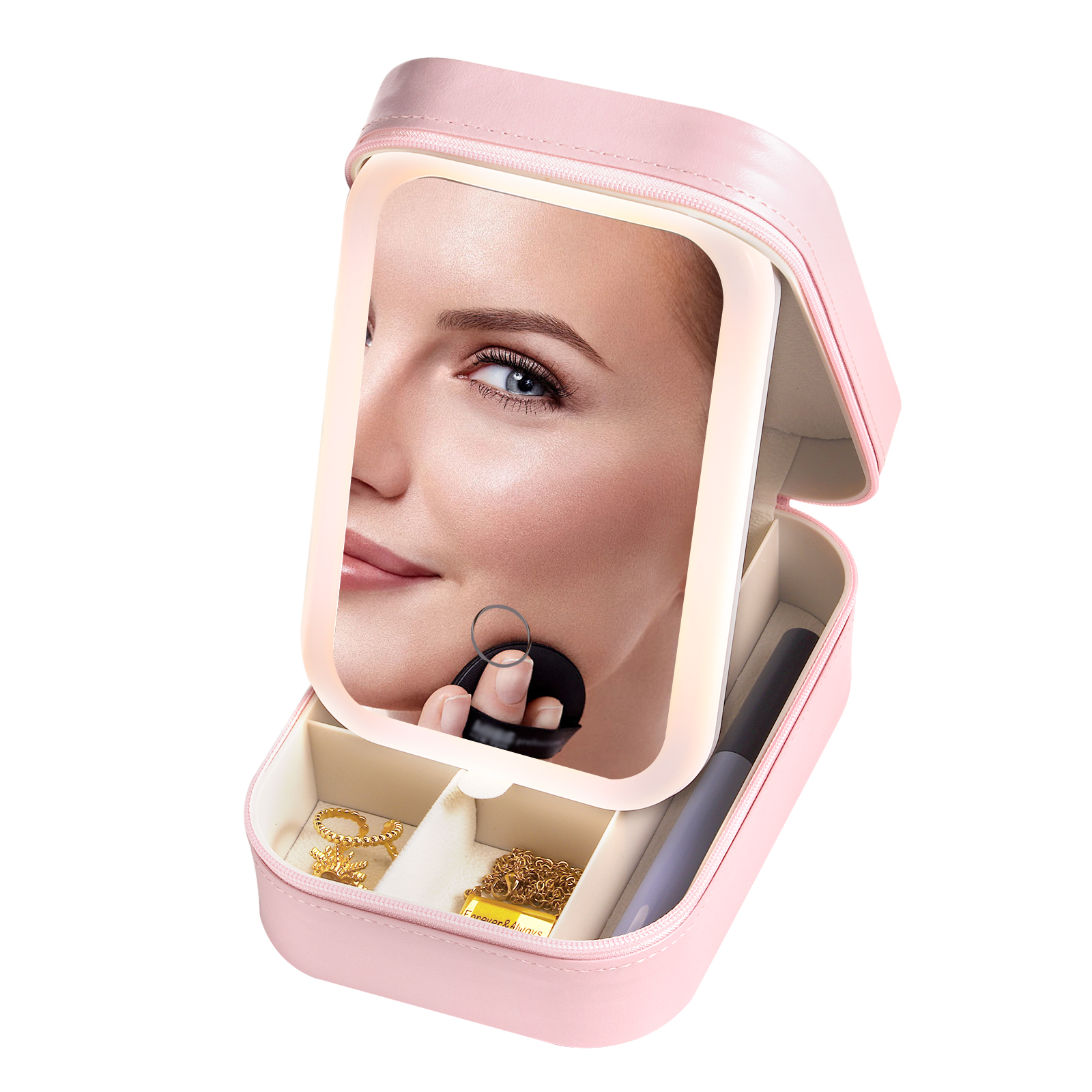 Personalised Birth Flower Portable Leather Jewelry Box with Name and LED Three Colour Adjustable Makeup Mirror Travel Essential