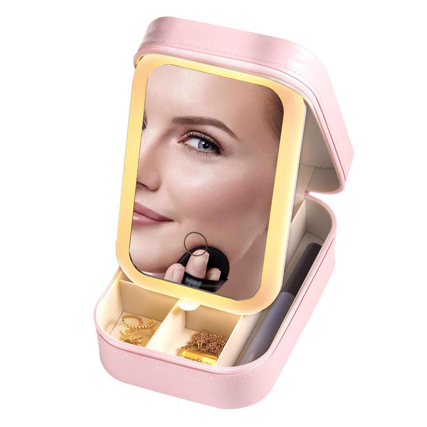 Personalised Birth Flower Portable Leather Jewelry Box with Name and LED Three Colour Adjustable Makeup Mirror Travel Essential