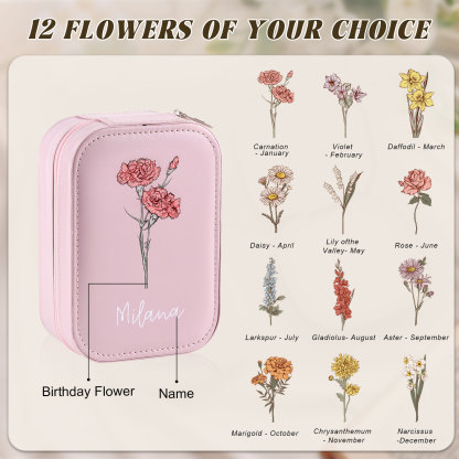 Personalised Birth Flower Portable Leather Jewelry Box with Name and LED Three Colour Adjustable Makeup Mirror Travel Essential