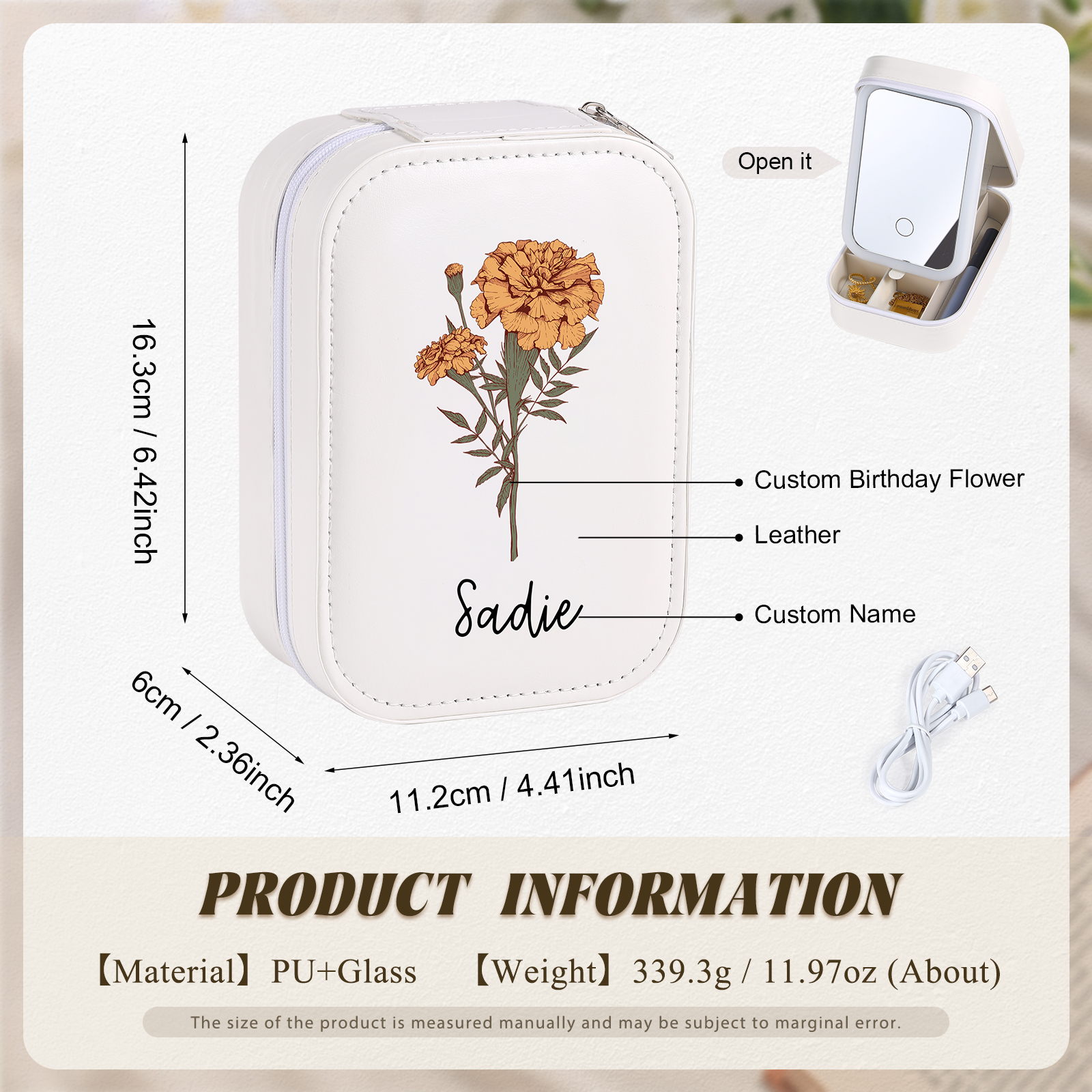 Personalised Birth Flower Portable Leather Jewelry Box with Name and LED Three Colour Adjustable Makeup Mirror Travel Essential