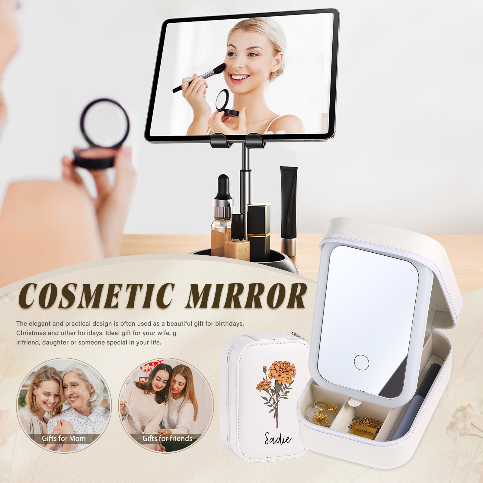 Personalised Birth Flower Portable Leather Jewelry Box with Name and LED Three Colour Adjustable Makeup Mirror Travel Essential