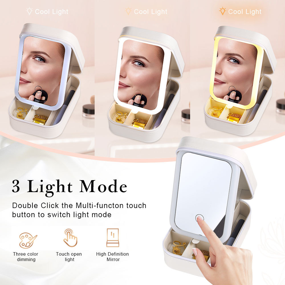 Personalised Birth Flower Portable Leather Jewelry Box with Name and LED Three Colour Adjustable Makeup Mirror Travel Essential
