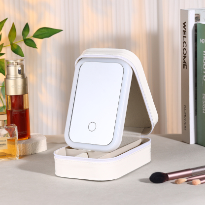 Personalised Birth Flower Portable Leather Jewelry Box with Name and LED Three Colour Adjustable Makeup Mirror Travel Essential