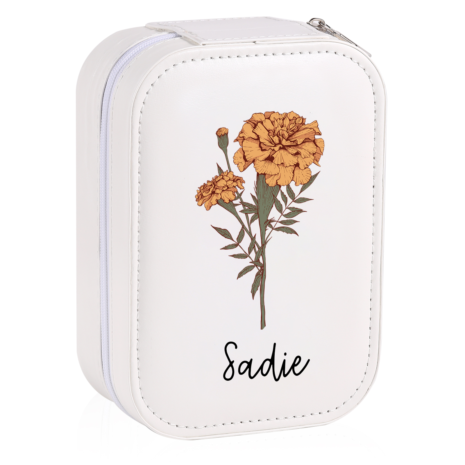 Personalised Birth Flower Portable Leather Jewelry Box with Name and LED Three Colour Adjustable Makeup Mirror Travel Essential