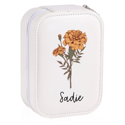 Personalised Birth Flower Portable Leather Jewelry Box with Name and LED Three Colour Adjustable Makeup Mirror Travel Essential