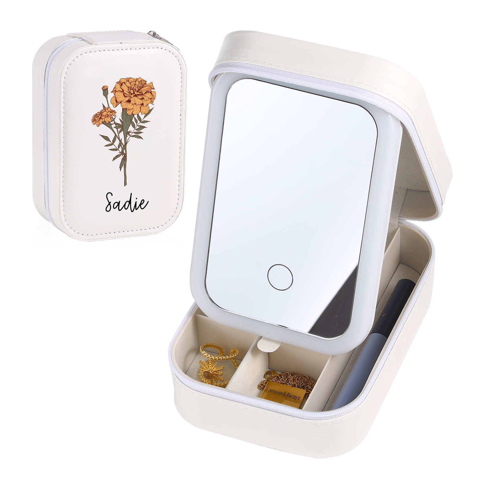 Personalised Birth Flower Portable Leather Jewelry Box with Name and LED Three Colour Adjustable Makeup Mirror Travel Essential