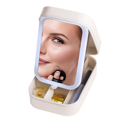Personalised Birth Flower Portable Leather Jewelry Box with Name and LED Three Colour Adjustable Makeup Mirror Travel Essential