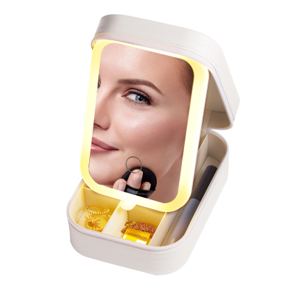 Personalised Birth Flower Portable Leather Jewelry Box with Name and LED Three Colour Adjustable Makeup Mirror Travel Essential