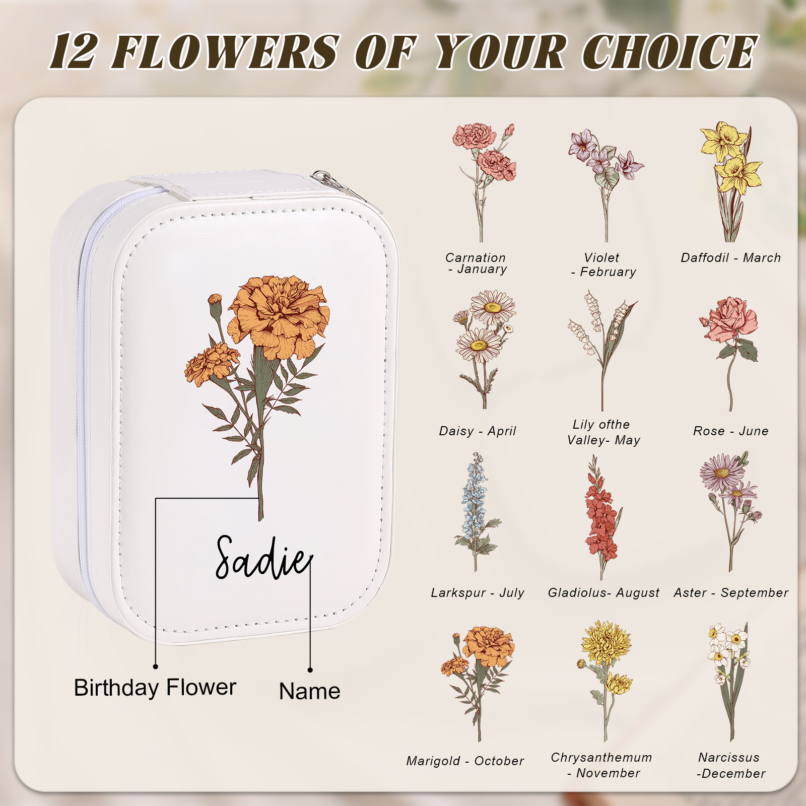 Personalised Birth Flower Portable Leather Jewelry Box with Name and LED Three Colour Adjustable Makeup Mirror Travel Essential