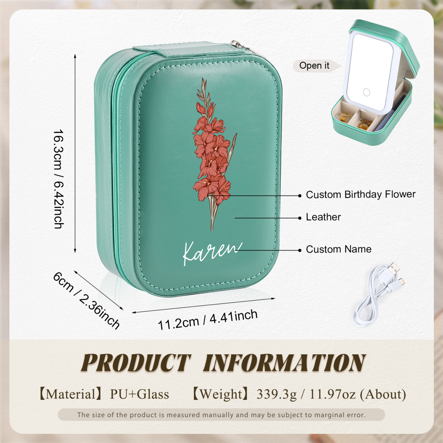 Personalised Birth Flower Portable Leather Jewelry Box with Name and LED Three Colour Adjustable Makeup Mirror Travel Essential