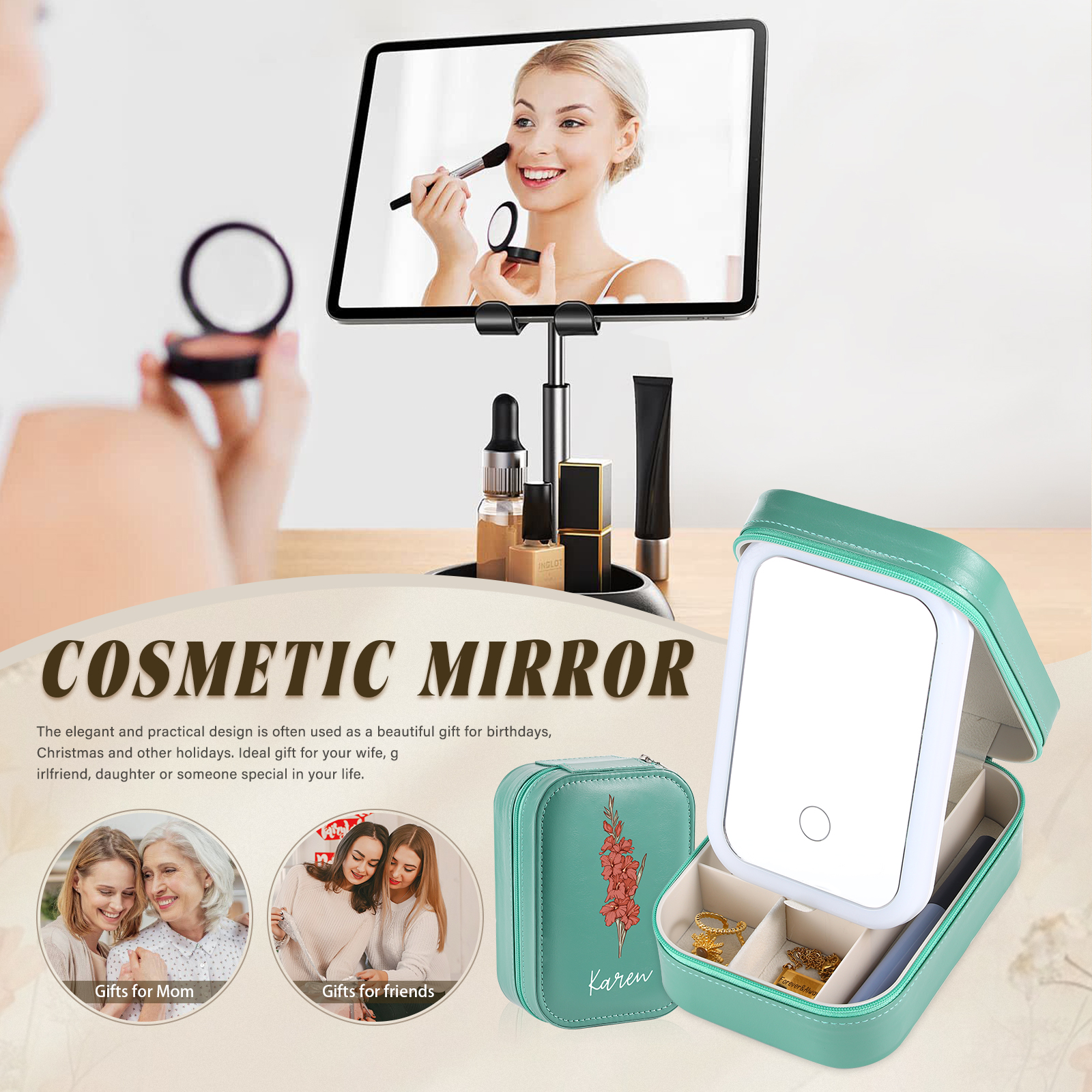 Personalised Birth Flower Portable Leather Jewelry Box with Name and LED Three Colour Adjustable Makeup Mirror Travel Essential