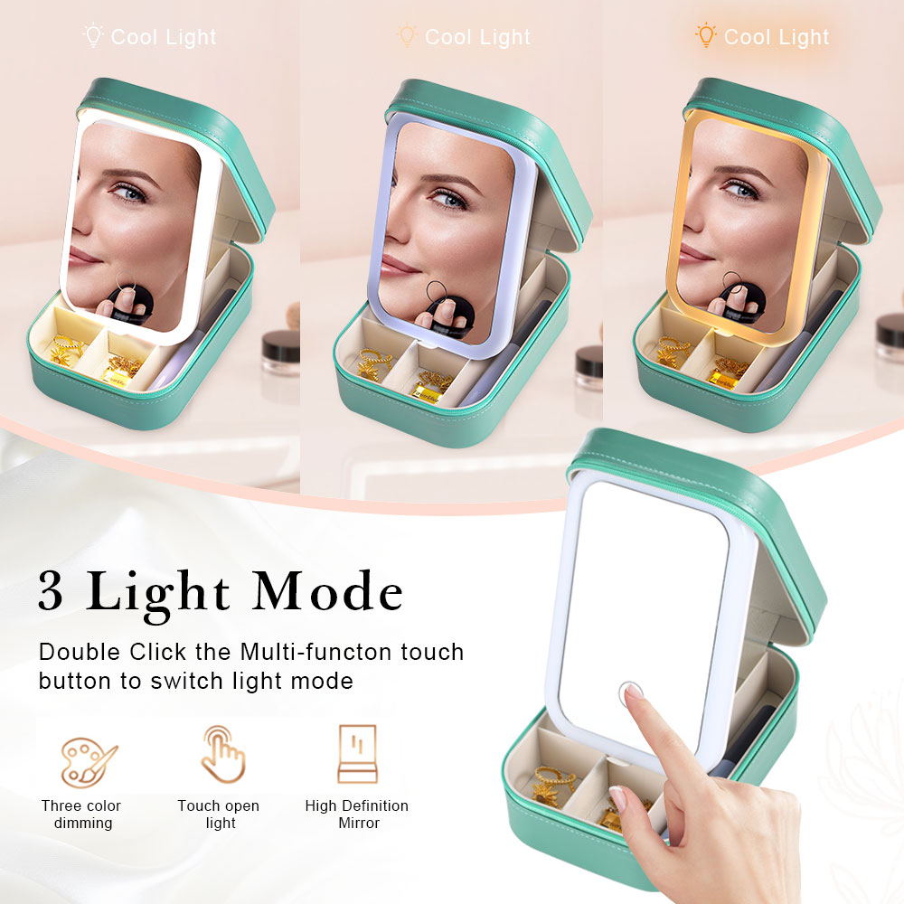 Personalised Birth Flower Portable Leather Jewelry Box with Name and LED Three Colour Adjustable Makeup Mirror Travel Essential