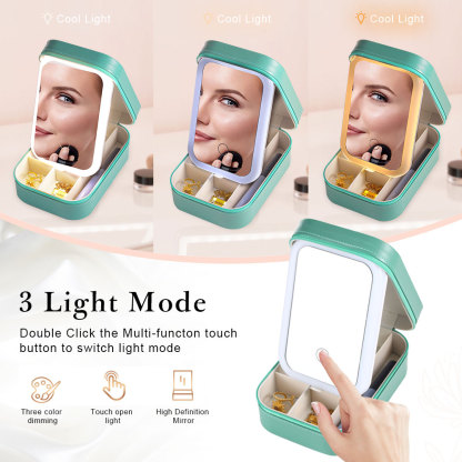 Personalised Birth Flower Portable Leather Jewelry Box with Name and LED Three Colour Adjustable Makeup Mirror Travel Essential