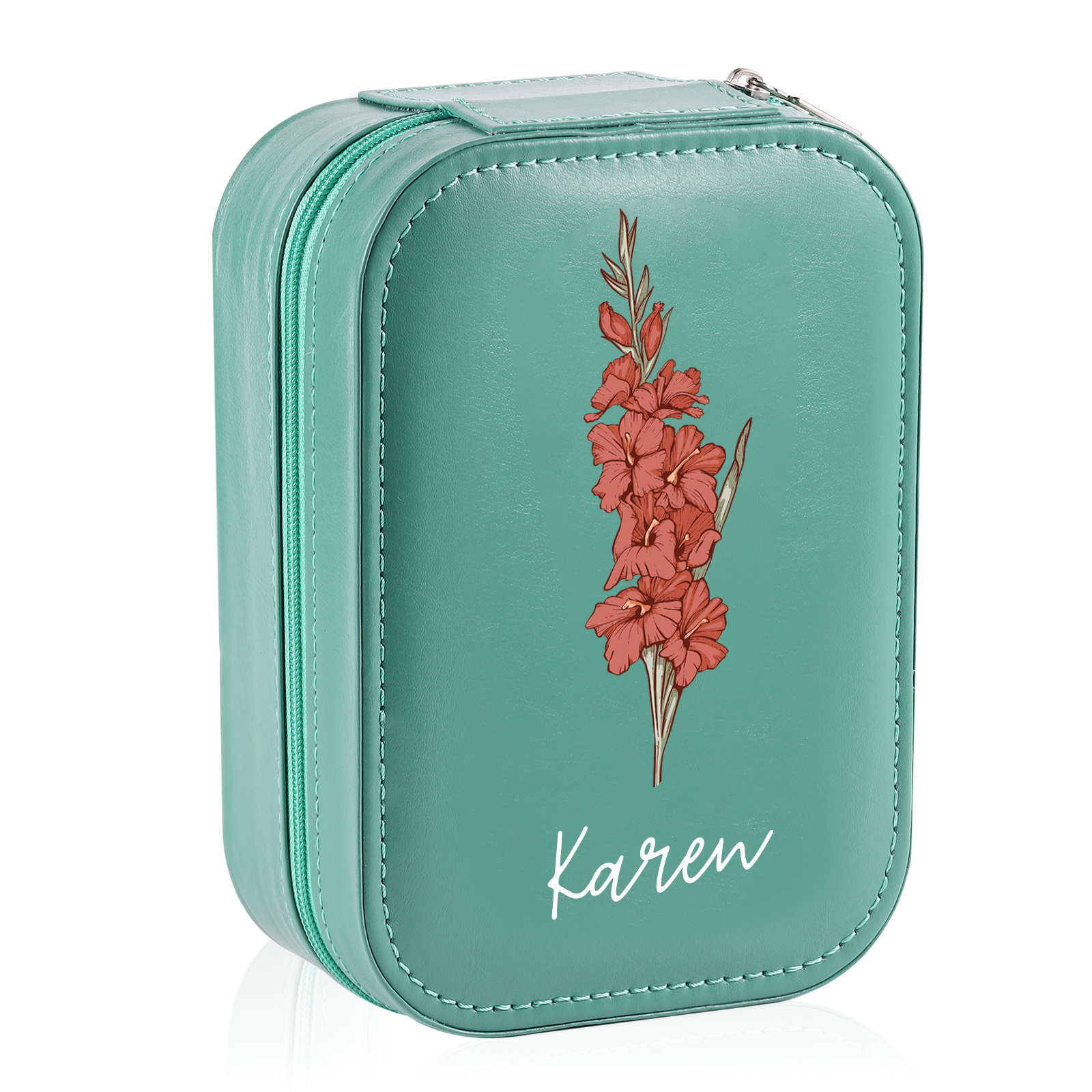 Personalised Birth Flower Portable Leather Jewelry Box with Name and LED Three Colour Adjustable Makeup Mirror Travel Essential