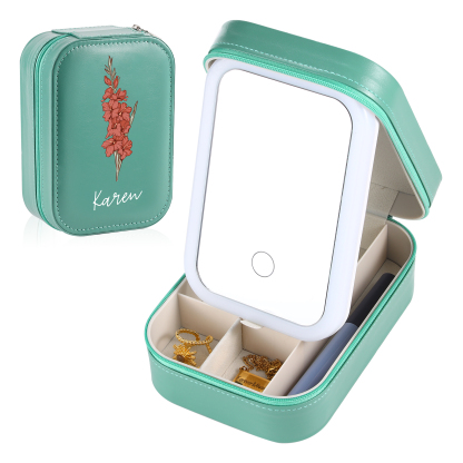 Personalised Birth Flower Portable Leather Jewelry Box with Name and LED Three Colour Adjustable Makeup Mirror Travel Essential