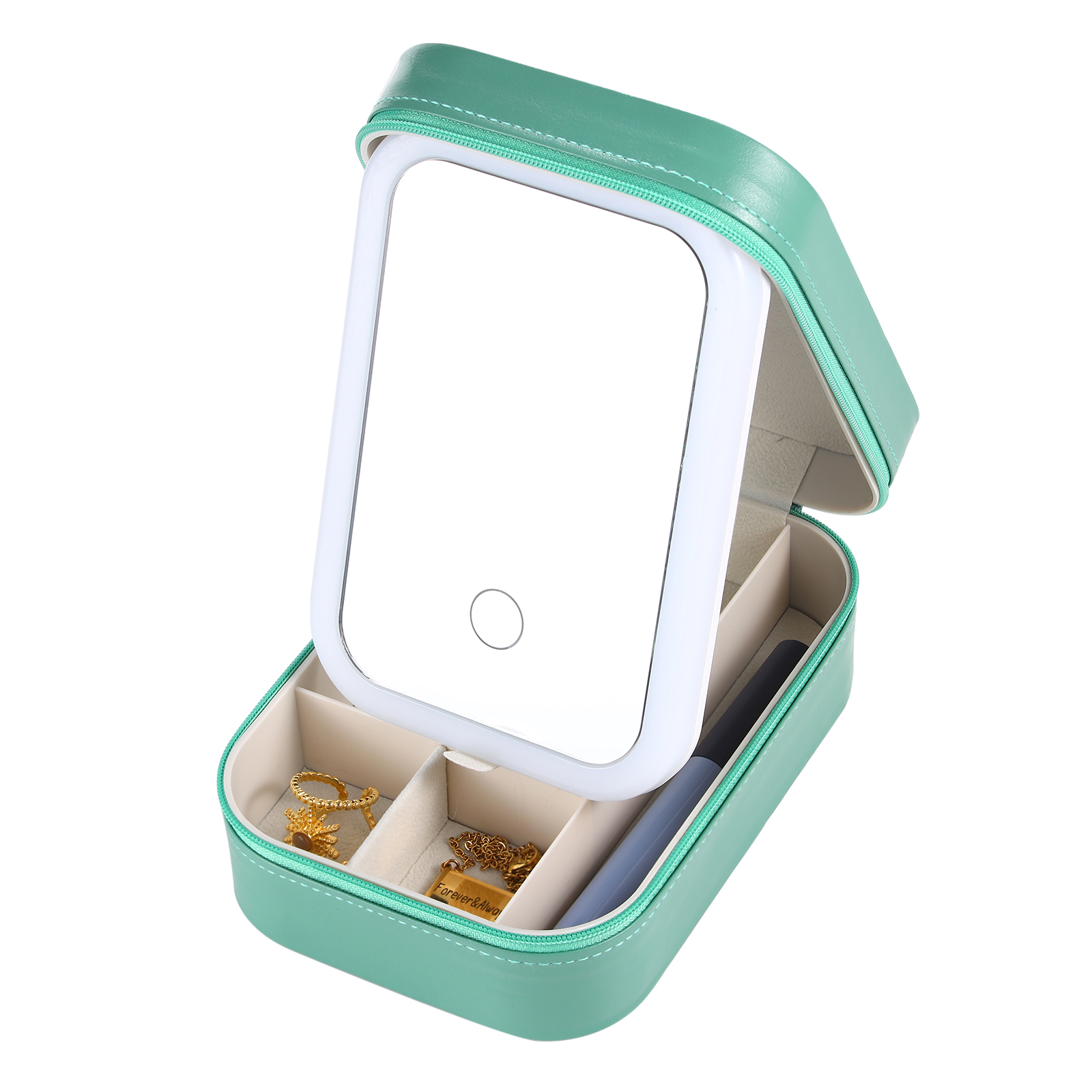 Personalised Birth Flower Portable Leather Jewelry Box with Name and LED Three Colour Adjustable Makeup Mirror Travel Essential