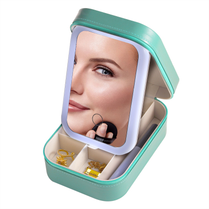 Personalised Birth Flower Portable Leather Jewelry Box with Name and LED Three Colour Adjustable Makeup Mirror Travel Essential