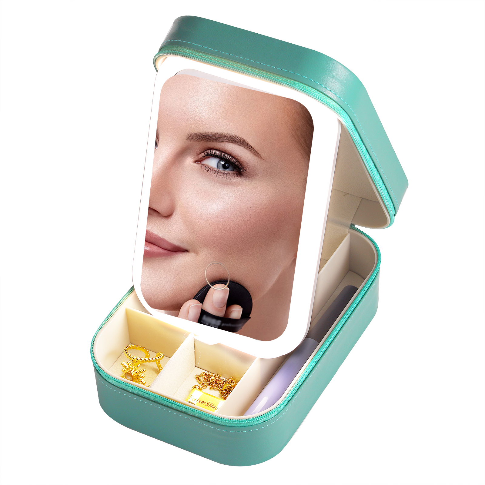 Personalised Birth Flower Portable Leather Jewelry Box with Name and LED Three Colour Adjustable Makeup Mirror Travel Essential