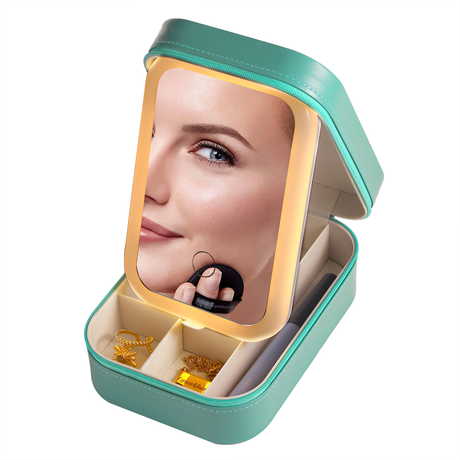 Personalised Birth Flower Portable Leather Jewelry Box with Name and LED Three Colour Adjustable Makeup Mirror Travel Essential