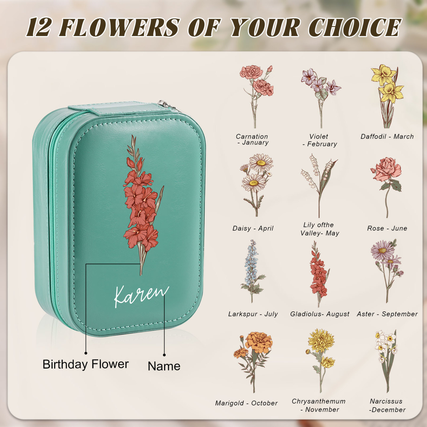Personalised Birth Flower Portable Leather Jewelry Box with Name and LED Three Colour Adjustable Makeup Mirror Travel Essential