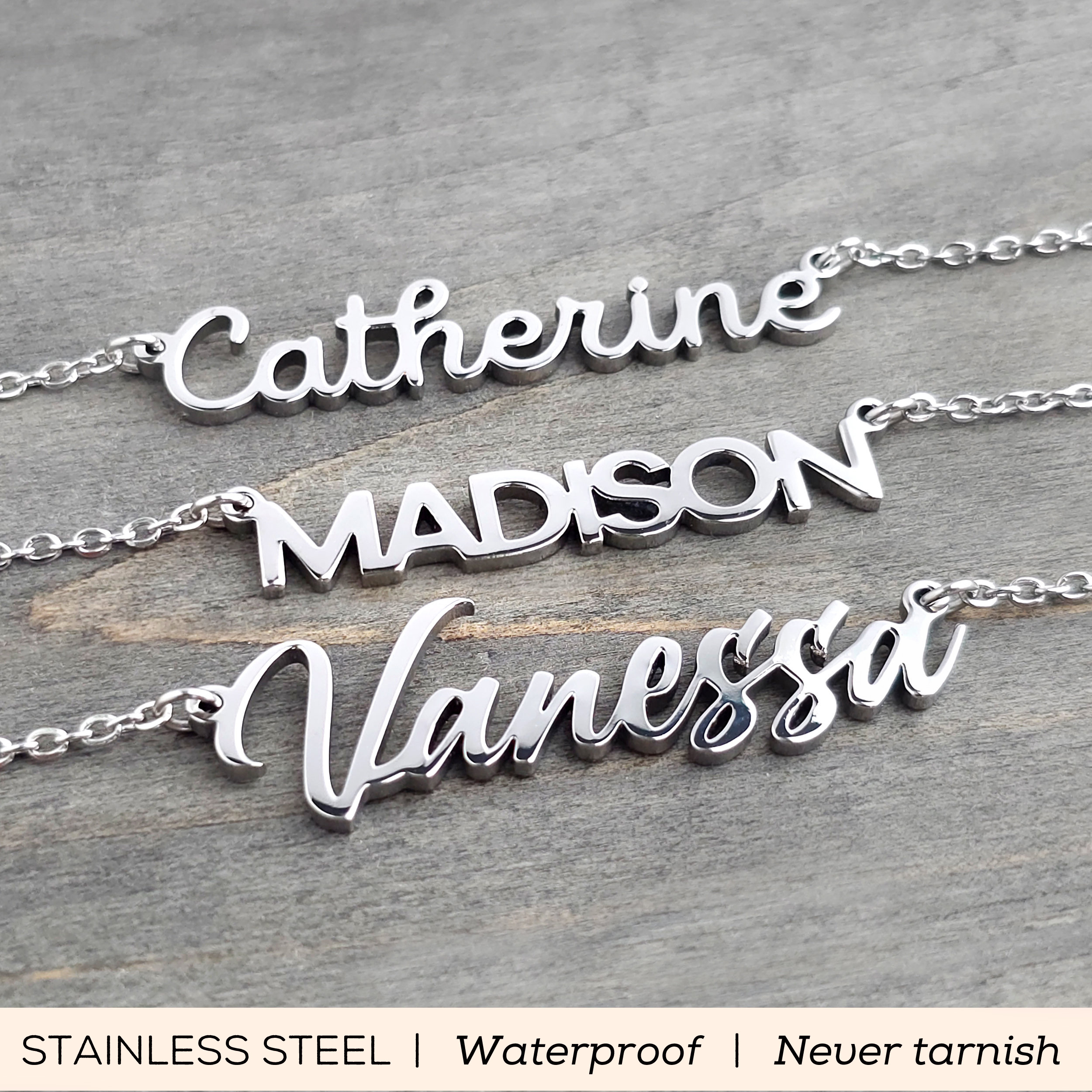 Personalised Name Necklace Custom Engraved Waterproof Tarnish-Resistant 3 Fonts 2 Finishes Perfect Gift for Her