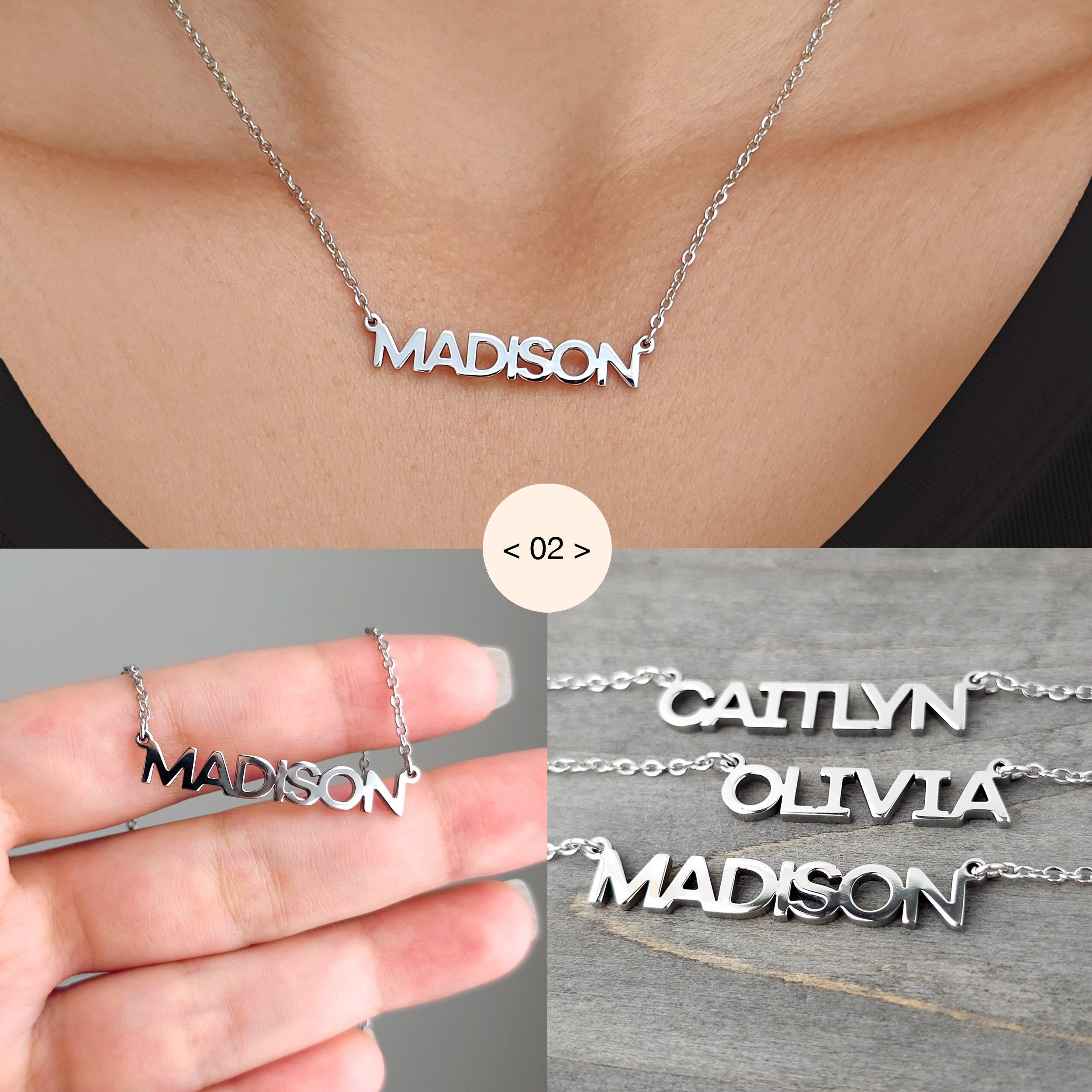 Personalised Name Necklace Custom Engraved Waterproof Tarnish-Resistant 3 Fonts 2 Finishes Perfect Gift for Her