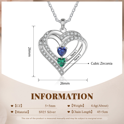 S925 Love Heart Personalised Birthstone and Name Necklace Custom 1 to 4 Names and Birthstones Double Heart Necklace Gift for Her