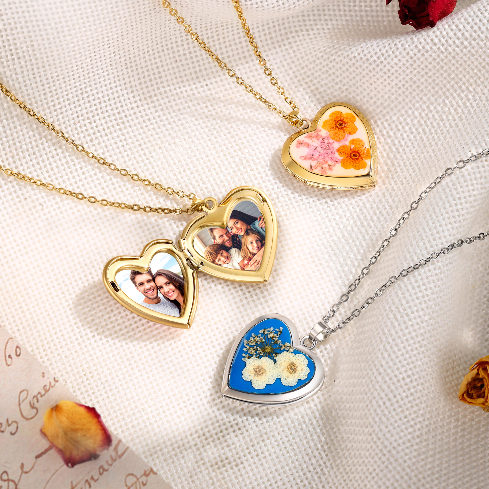 Personalised Locket Necklace Forget Me Not Pressed Flower Necklace Customizable with 2 Photos Gift for Her