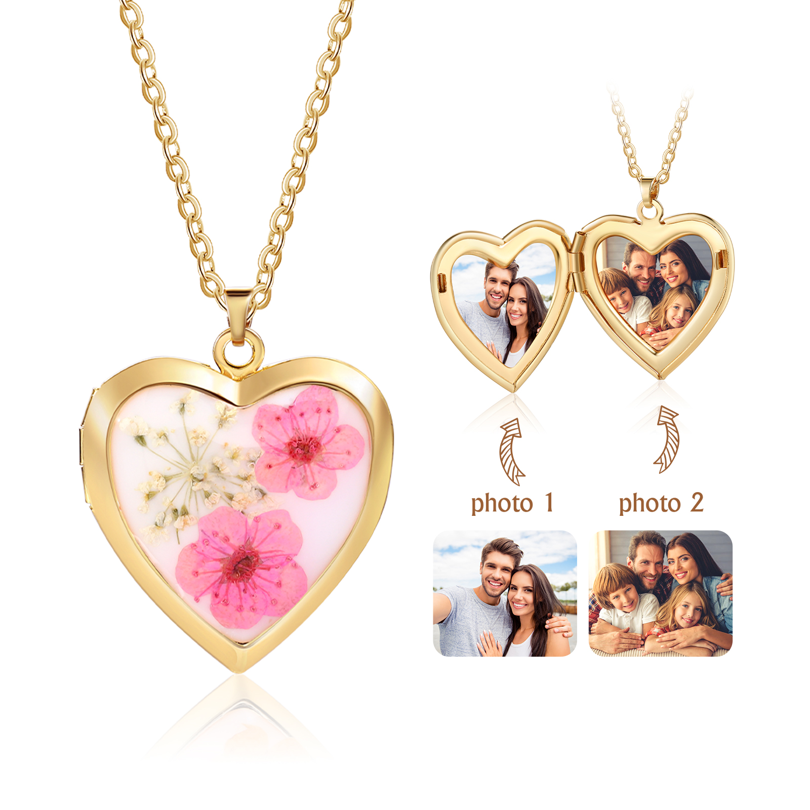 Personalised Locket Necklace Forget Me Not Pressed Flower Necklace Customizable with 2 Photos Gift for Her