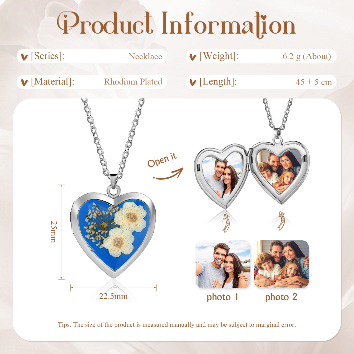 Personalised Locket Necklace Forget Me Not Pressed Flower Necklace Customizable with 2 Photos Gift for Her