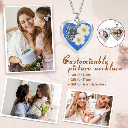 Personalised Locket Necklace Forget Me Not Pressed Flower Necklace Customizable with 2 Photos Gift for Her