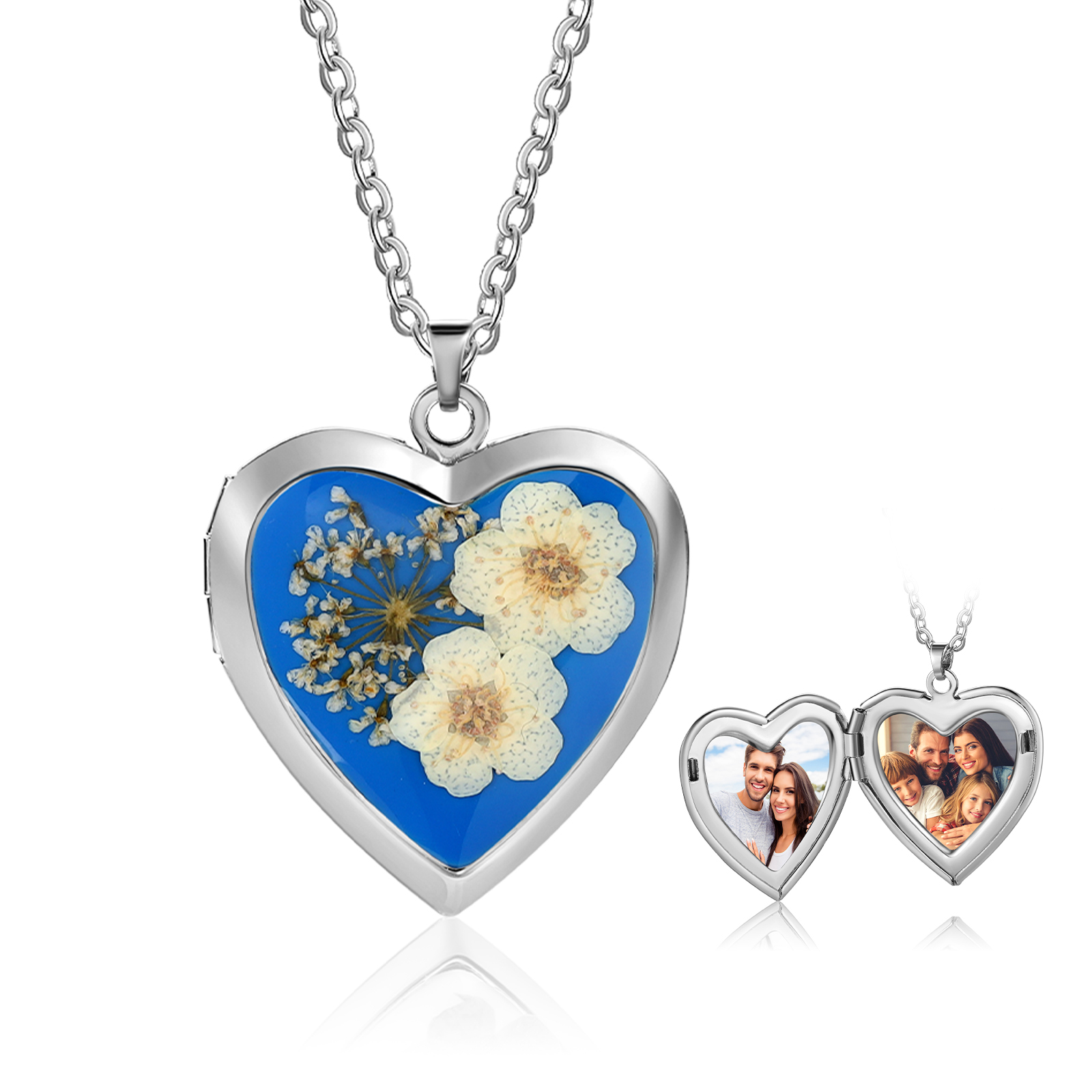 Personalised Locket Necklace Forget Me Not Pressed Flower Necklace Customizable with 2 Photos Gift for Her