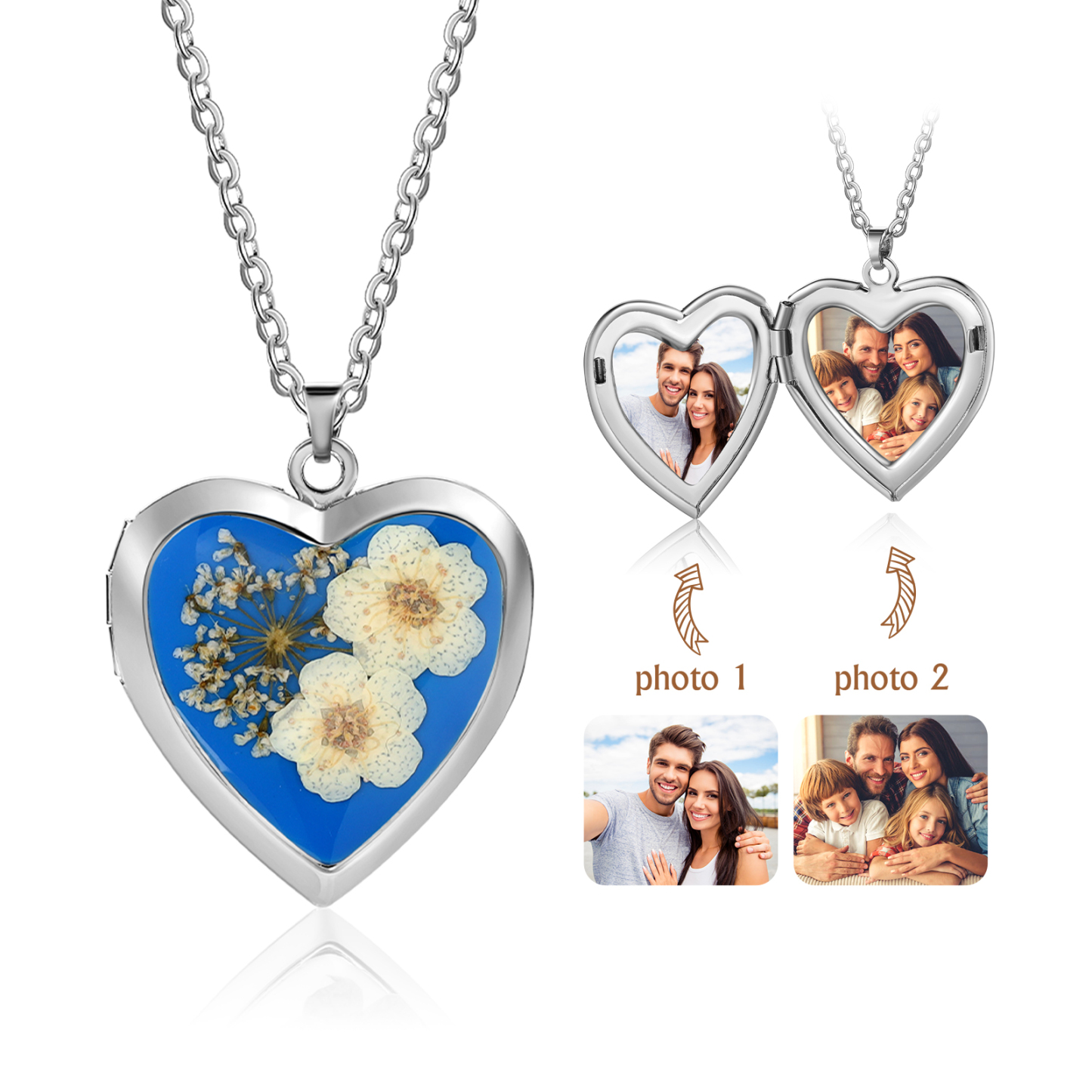 Personalised Locket Necklace Forget Me Not Pressed Flower Necklace Customizable with 2 Photos Gift for Her