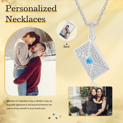 Personalised Necklace with Photo Envelope Pendant in Silver Gold Black or Rose Gold Gift for Her