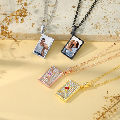 Personalised Necklace with Photo Envelope Pendant in Silver Gold Black or Rose Gold Gift for Her