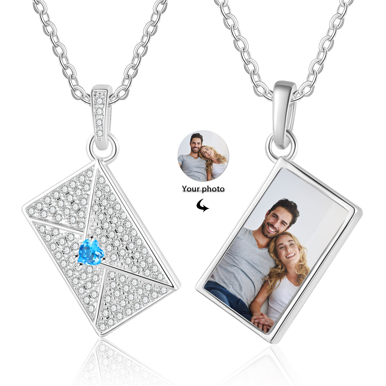 Personalised Necklace with Photo Envelope Pendant in Silver Gold Black or Rose Gold Gift for Her