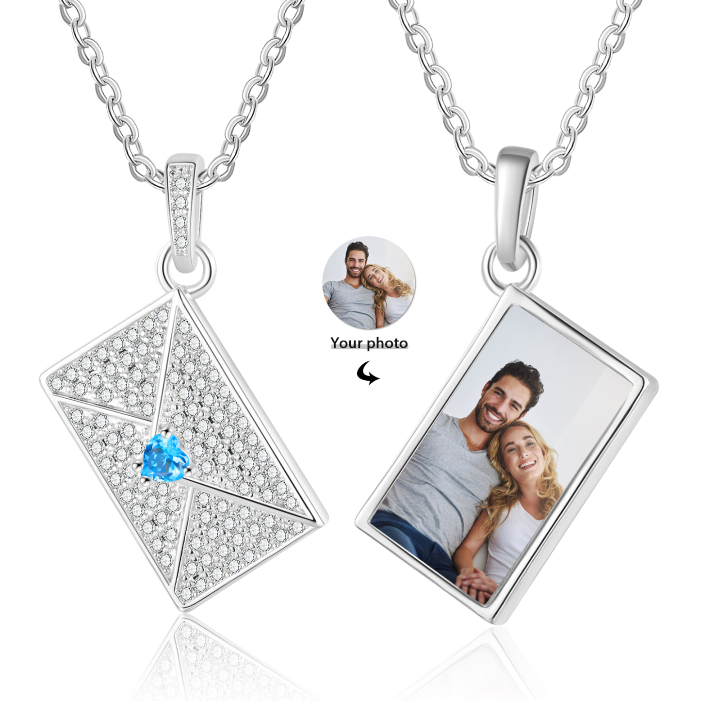 Personalised Necklace with Photo Envelope Pendant in Silver Gold Black or Rose Gold Gift for Her