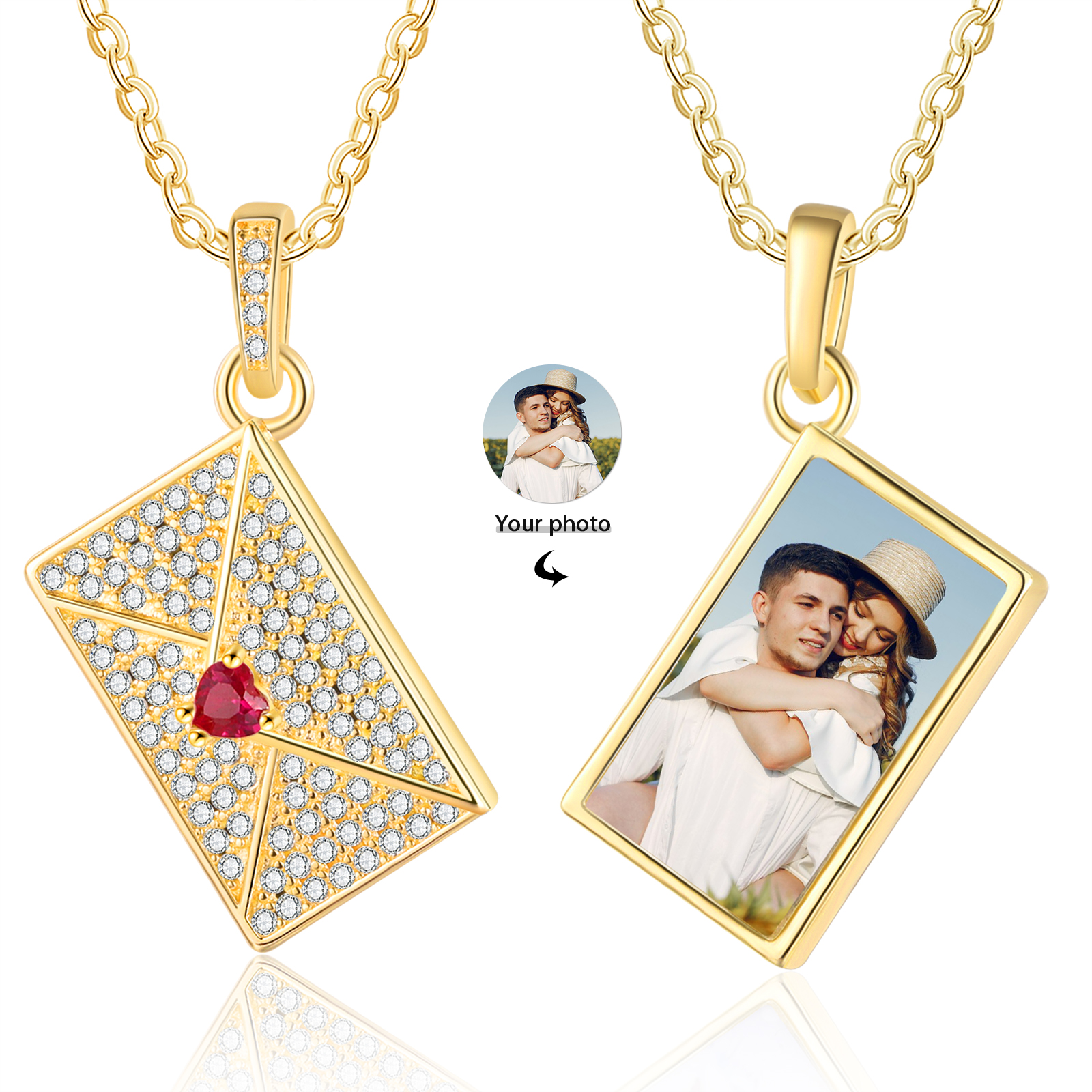 Personalised Necklace with Photo Envelope Pendant in Silver Gold Black or Rose Gold Gift for Her