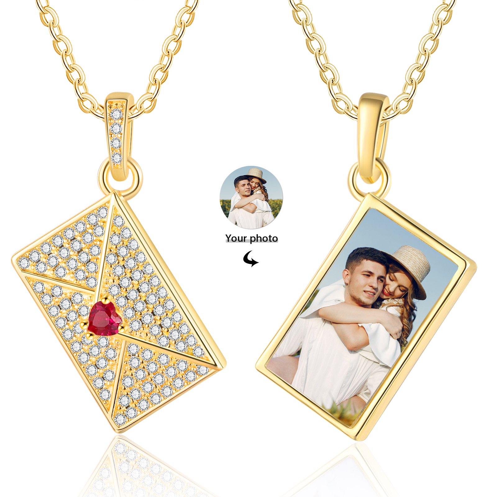 Personalised Necklace with Photo Envelope Pendant in Silver Gold Black or Rose Gold Gift for Her