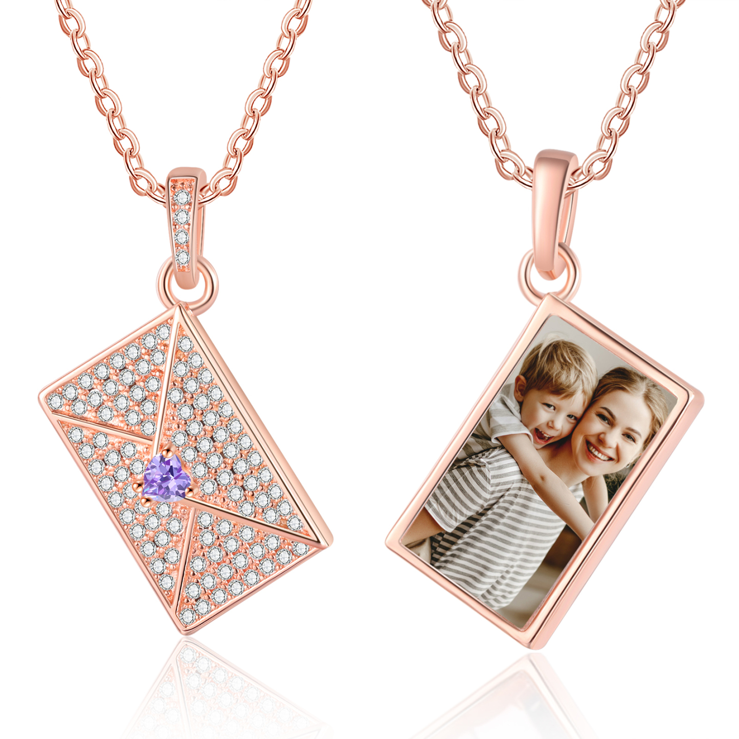Personalised Necklace with Photo Envelope Pendant in Silver Gold Black or Rose Gold Gift for Her