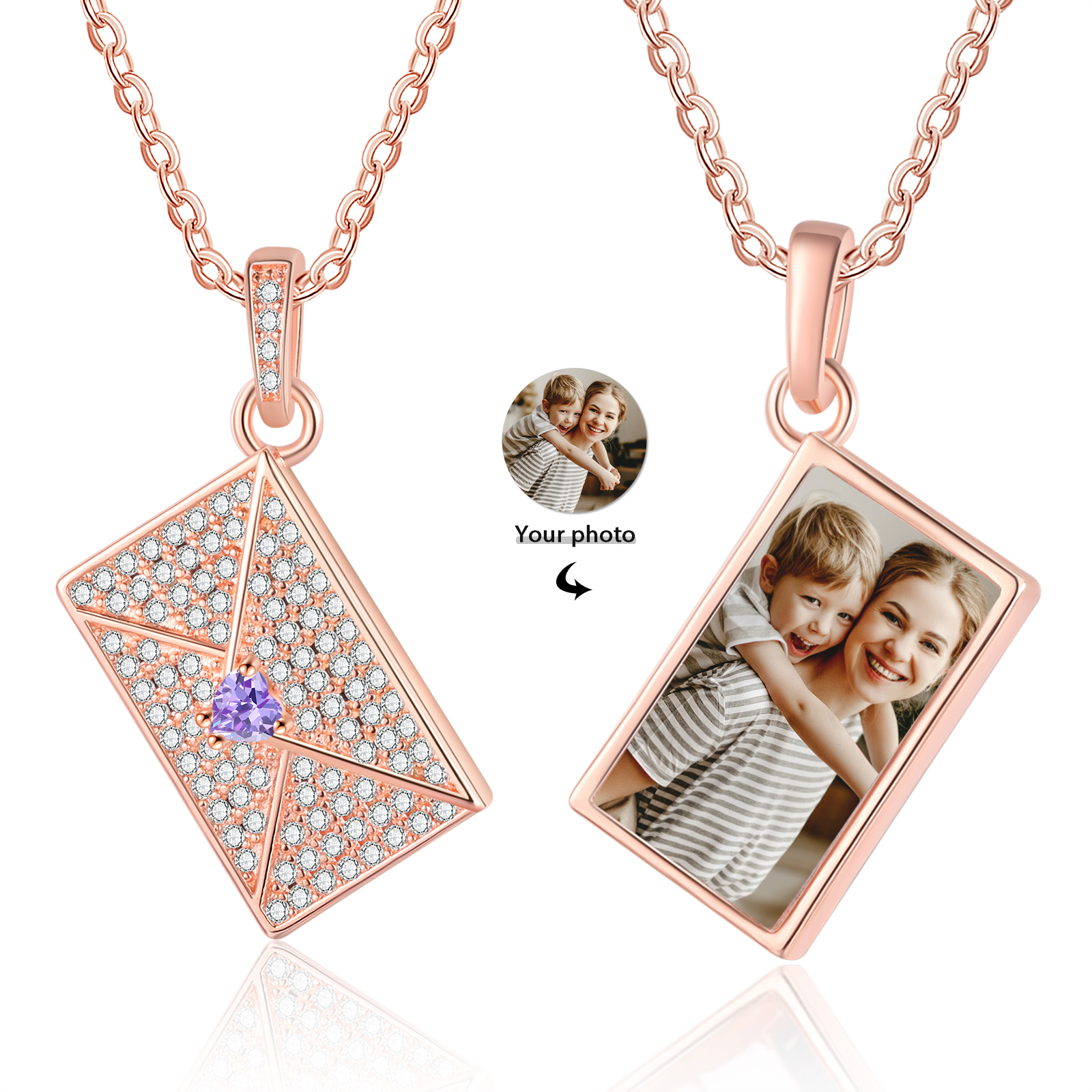 Personalised Necklace with Photo Envelope Pendant in Silver Gold Black or Rose Gold Gift for Her