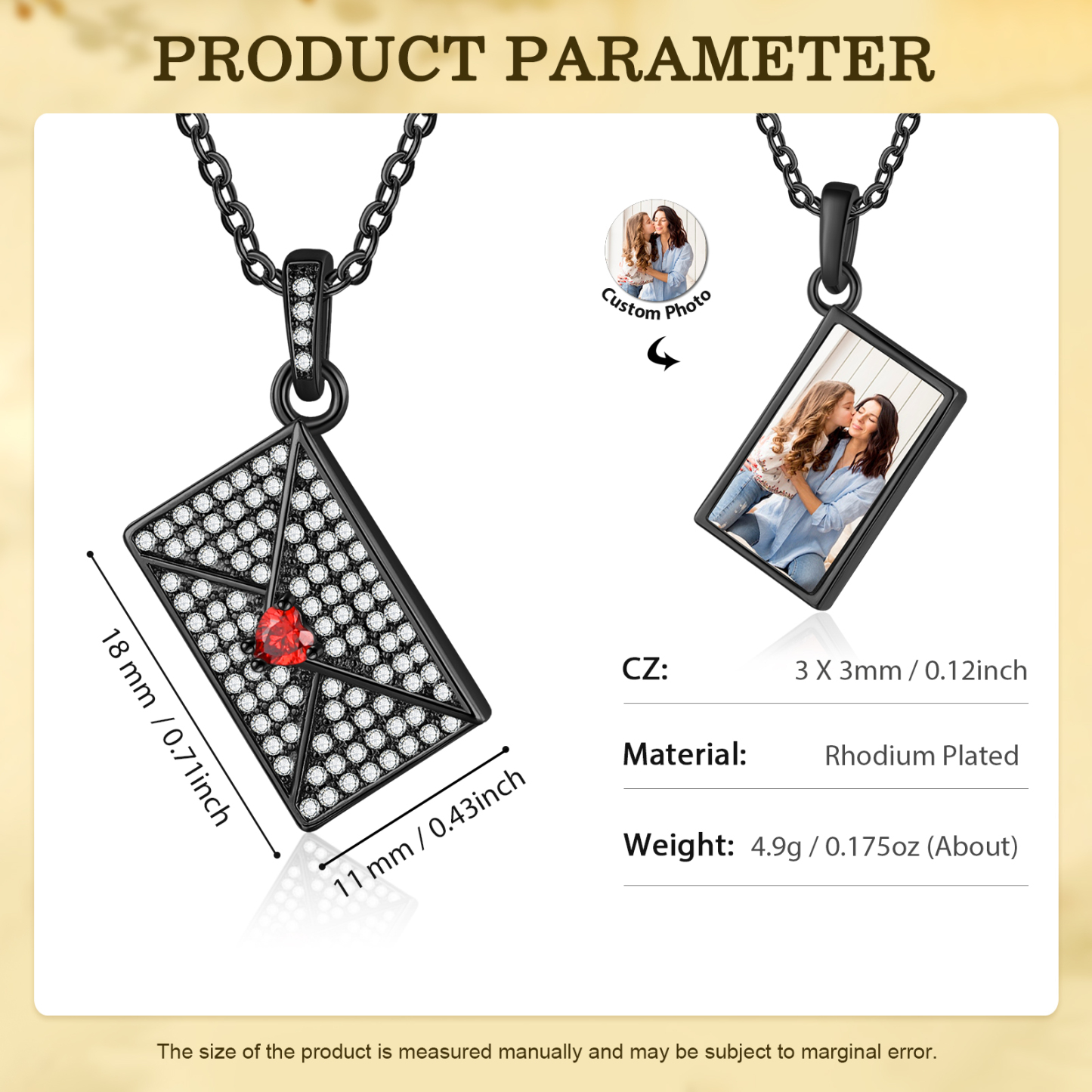 Personalised Necklace with Photo Envelope Pendant in Silver Gold Black or Rose Gold Gift for Her