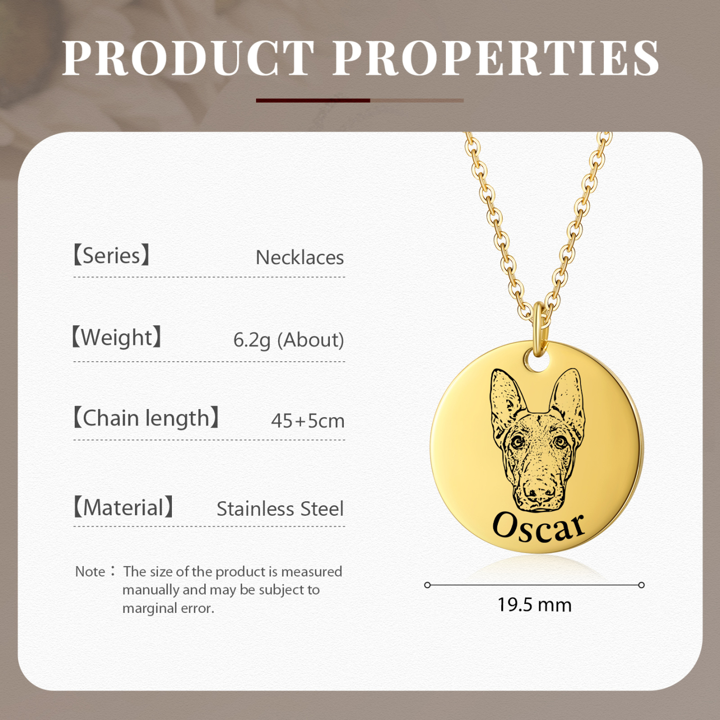 Personalised Pet Round Necklace Engraved Pets Face and Name Gift for Her