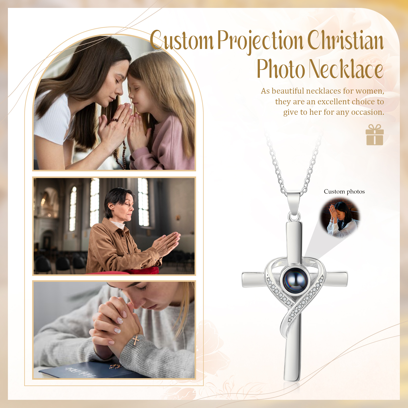 Personalised Cross Heart Projection Necklace Customised Photo Gift for Her