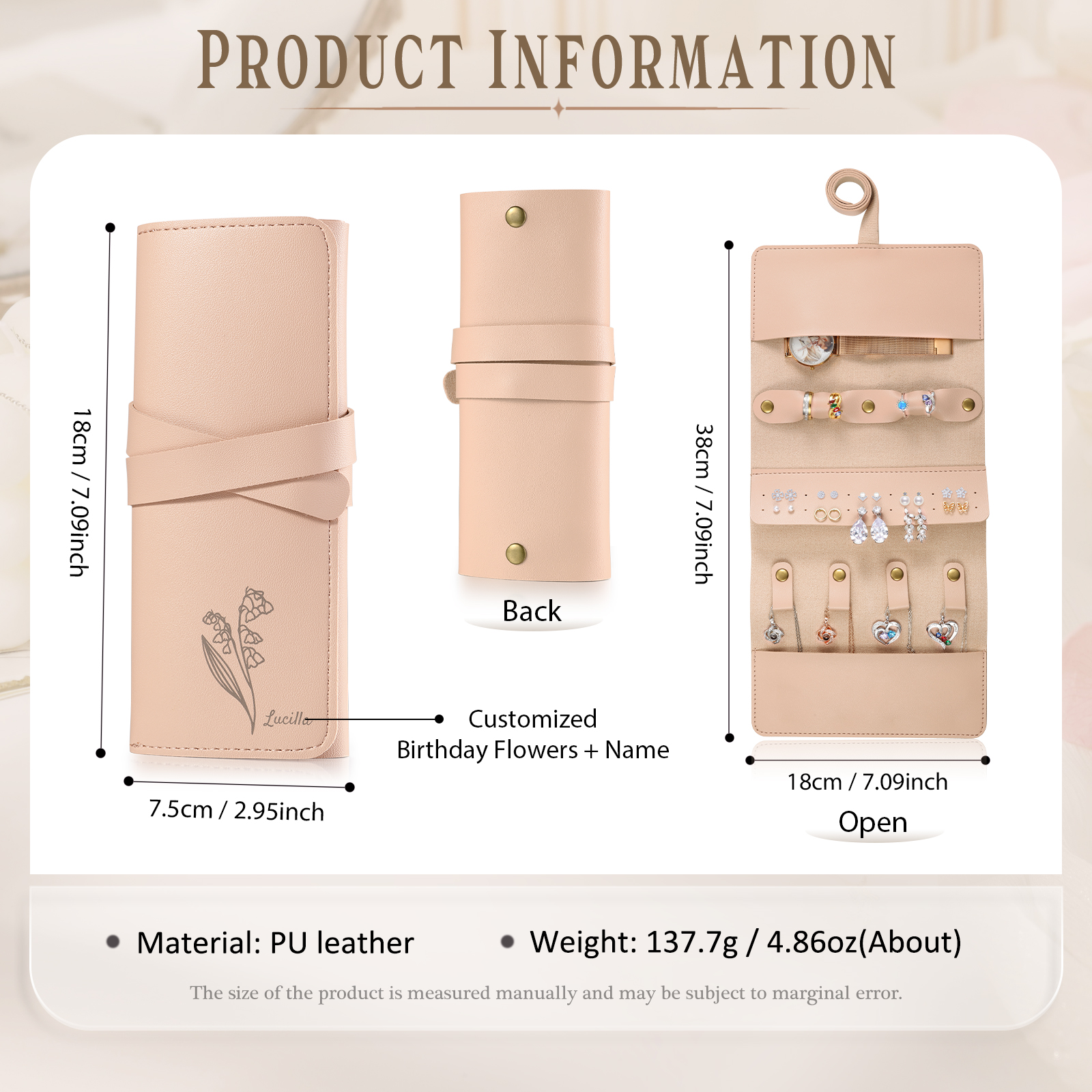 Personalised Jewellery Storage Roll Custom Birthday Flower Design Romantic Gift for Her | Jessemde