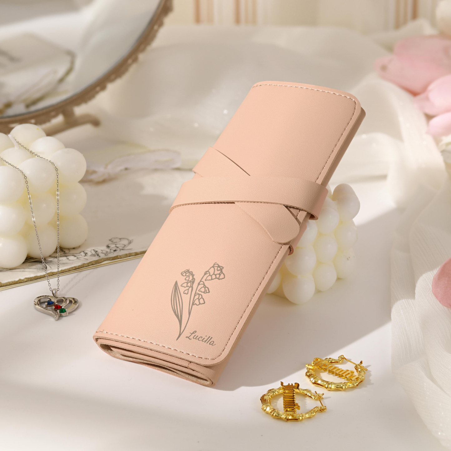 Personalised Jewellery Storage Roll Custom Birthday Flower Design Romantic Gift for Her | Jessemde